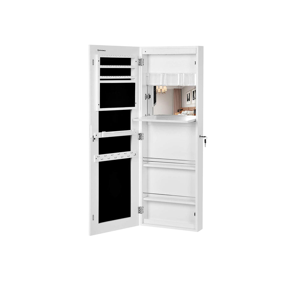 Frameless Jewellery Cabinet – Mirrored – Extra Wide – Lockable Storage with Hooks and Built-in Mirror