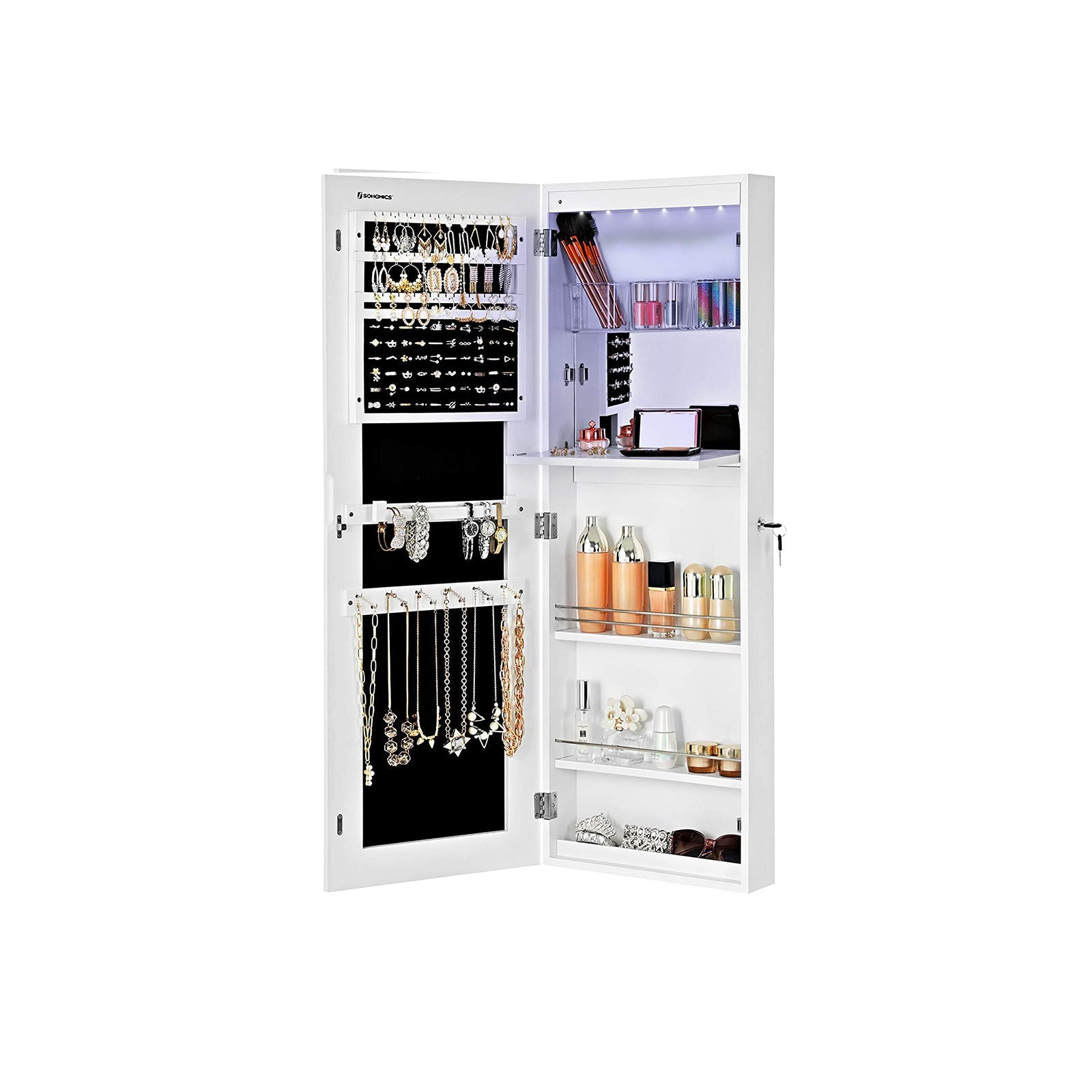 Frameless Jewellery Cabinet – Mirrored – Extra Wide – Lockable Storage with Hooks and Built-in Mirror