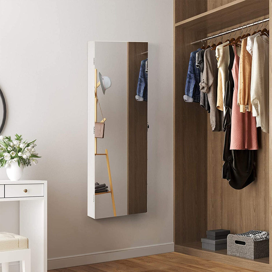 Frameless Jewellery Cabinet – Mirrored – Extra Wide – Lockable Storage with Hooks and Built-in Mirror