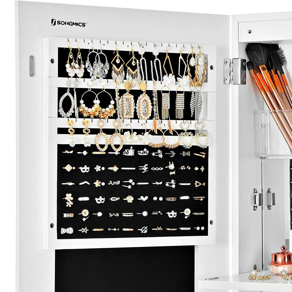 Frameless Jewellery Cabinet – Mirrored – Extra Wide – Lockable Storage with Hooks and Built-in Mirror