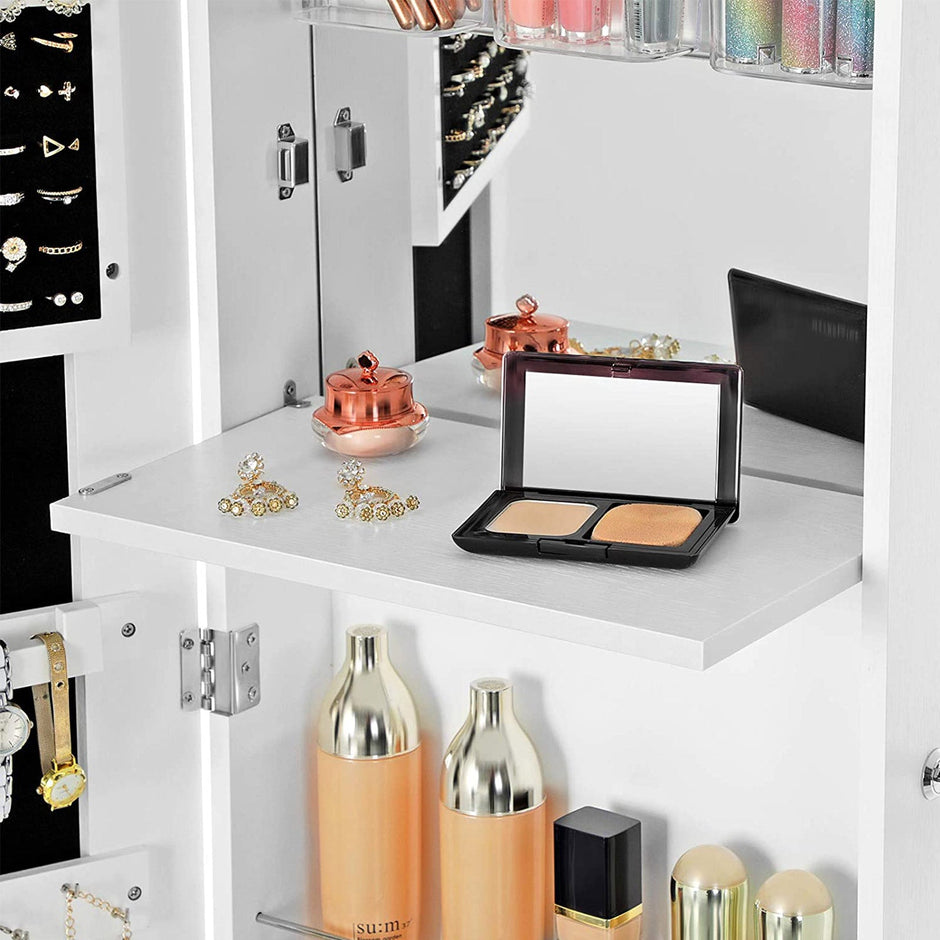 Frameless Jewellery Cabinet – Mirrored – Extra Wide – Lockable Storage with Hooks and Built-in Mirror