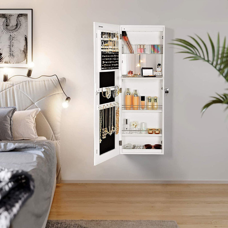 Frameless Jewellery Cabinet – Mirrored – Extra Wide – Lockable Storage with Hooks and Built-in Mirror