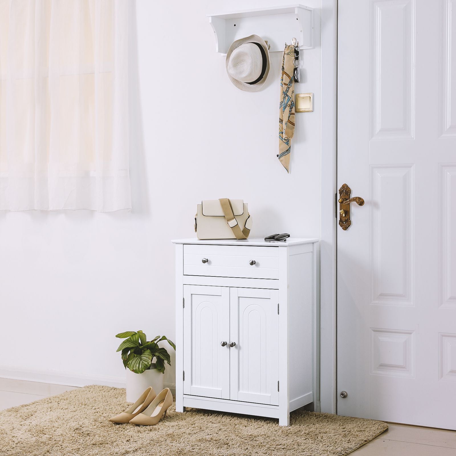 Free Standing Bathroom Cabinet – Wooden – White – Large Drawer and Adjustable Shelf, Country Style