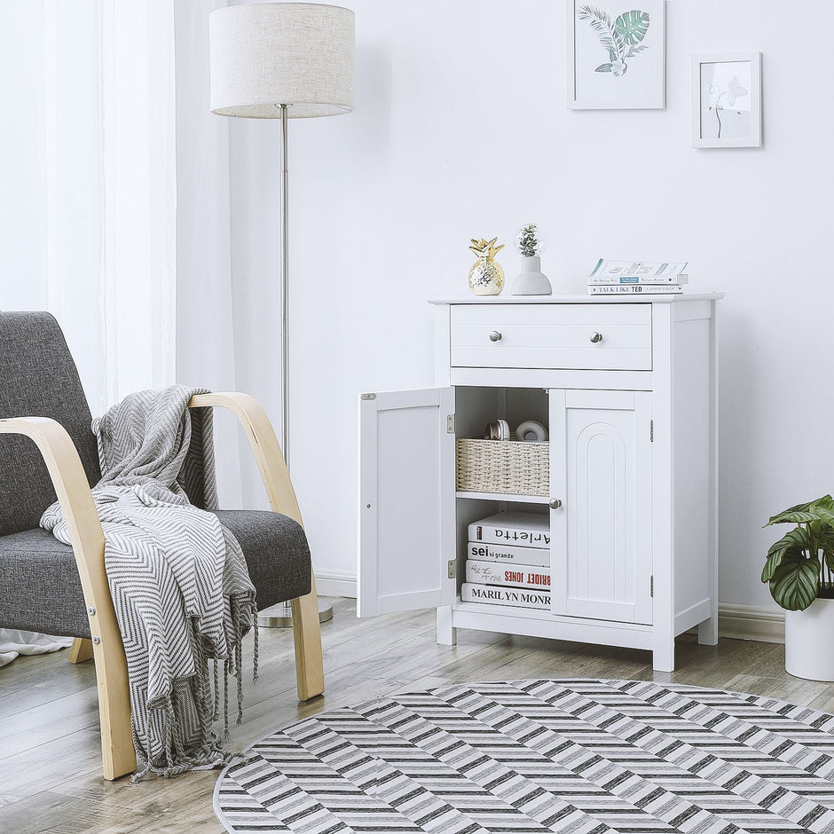 Free Standing Bathroom Cabinet – Wooden – White – Large Drawer and Adjustable Shelf, Country Style