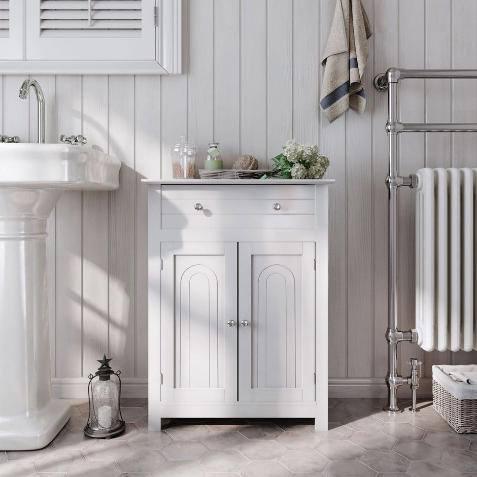 Free Standing Bathroom Cabinet – Wooden – White – Large Drawer and Adjustable Shelf, Country Style