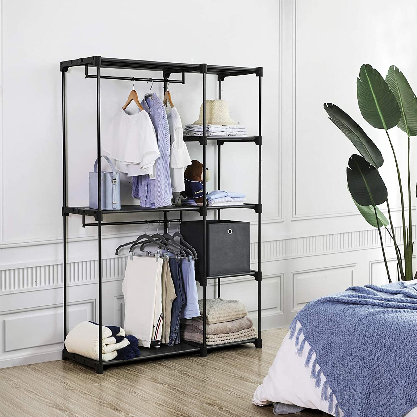Freestanding Closet Organiser – Metal – Black – Foldable with Clothes Rails