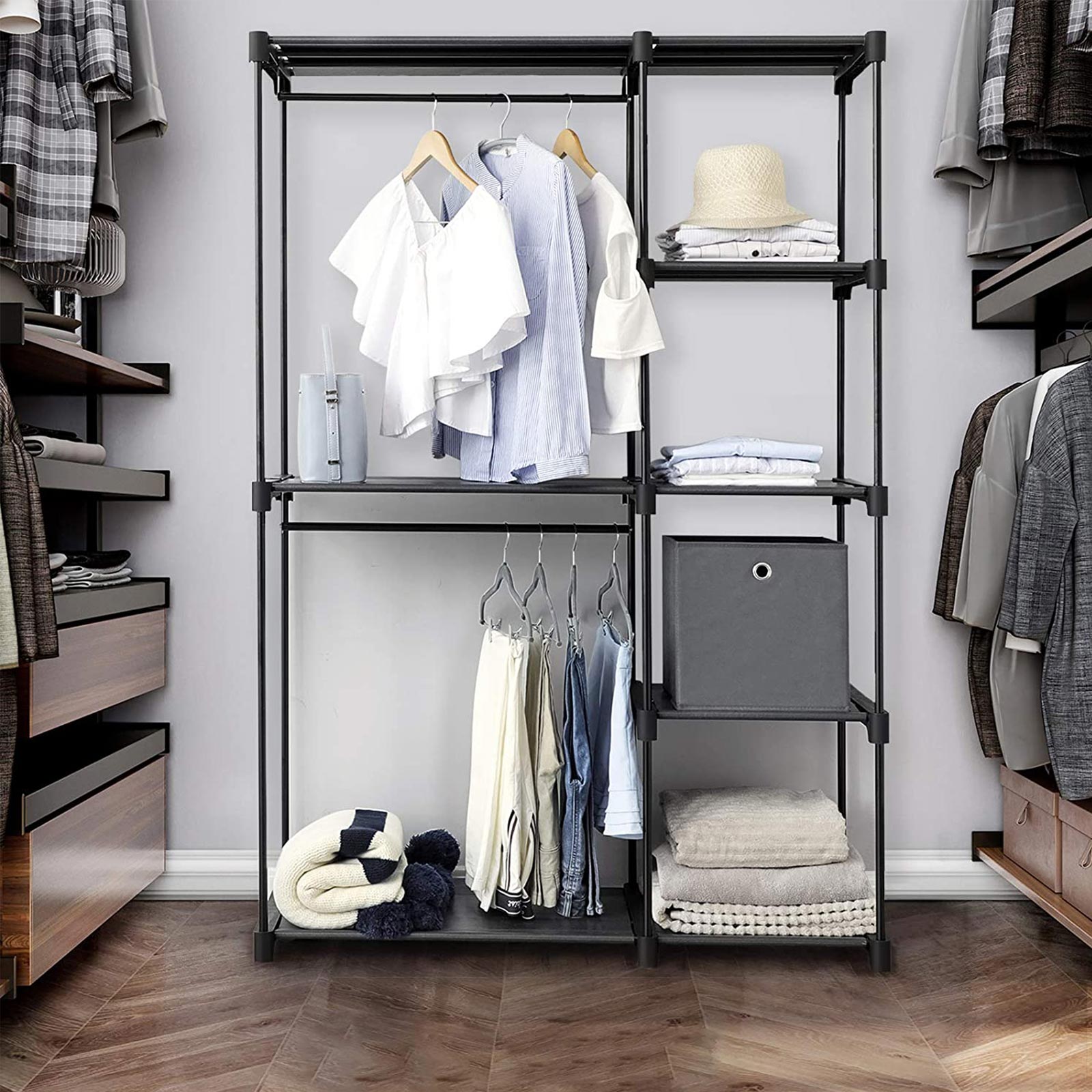 Freestanding Closet Organiser – Metal – Black – Foldable with Clothes Rails