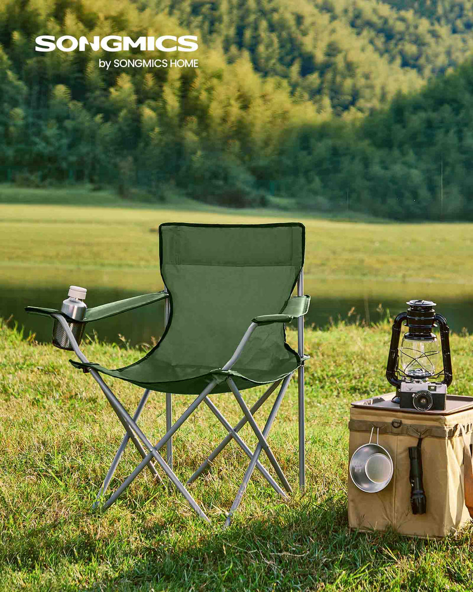 Set of 2 Foldable Camping Chairs – Fabric – Green – Armrests and Cup Holder