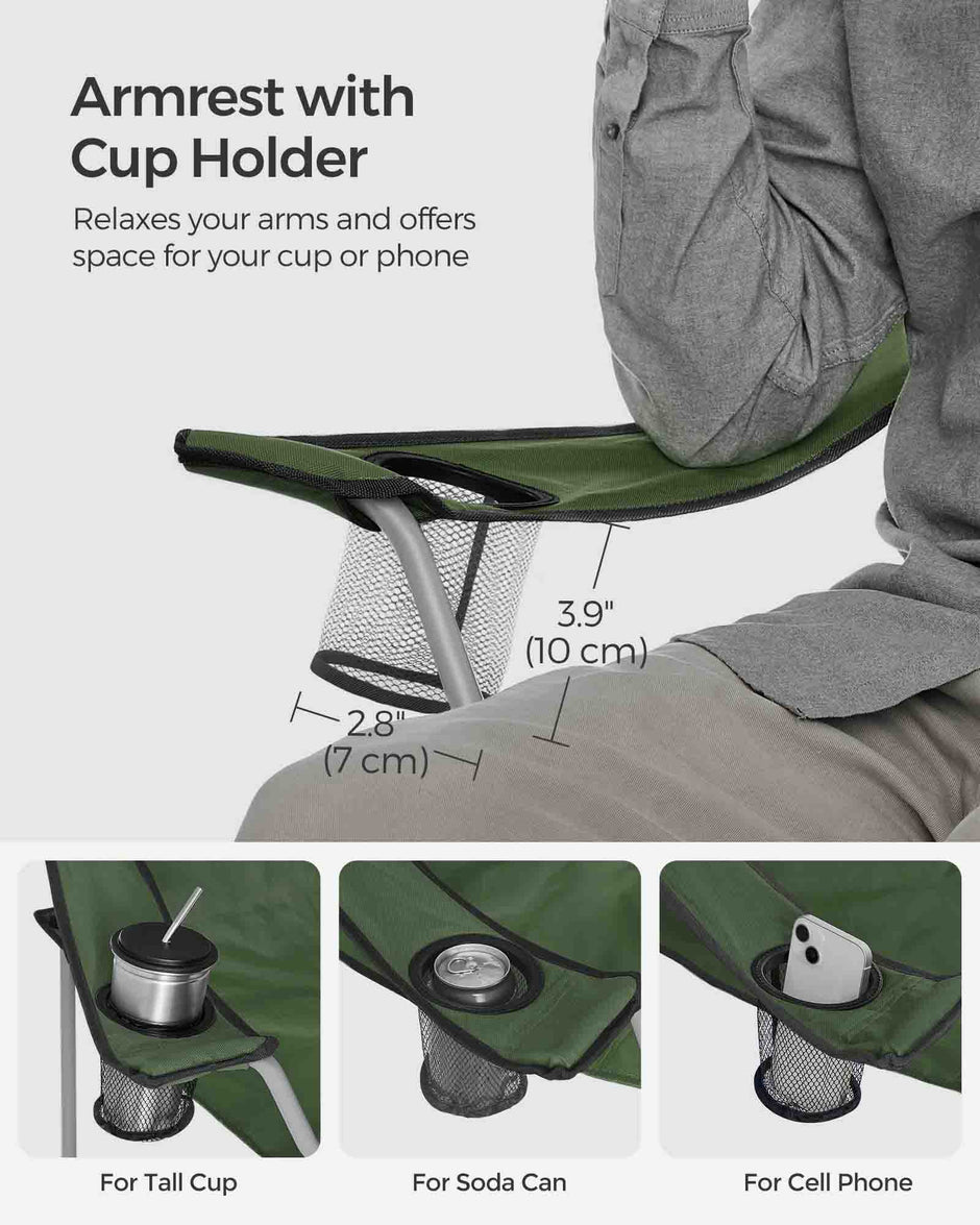 Set of 2 Foldable Camping Chairs – Fabric – Green – Armrests and Cup Holder