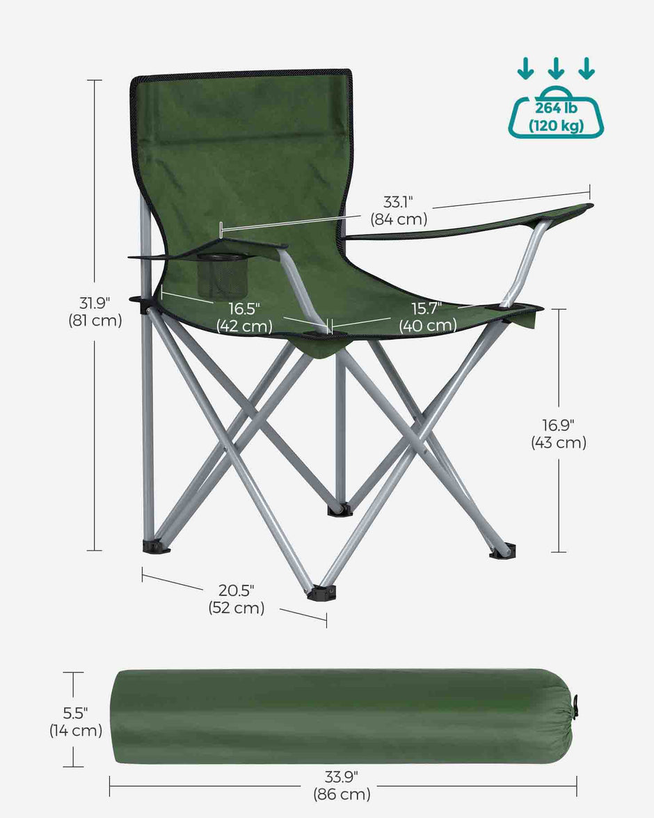 Set of 2 Foldable Camping Chairs – Fabric – Green – Armrests and Cup Holder