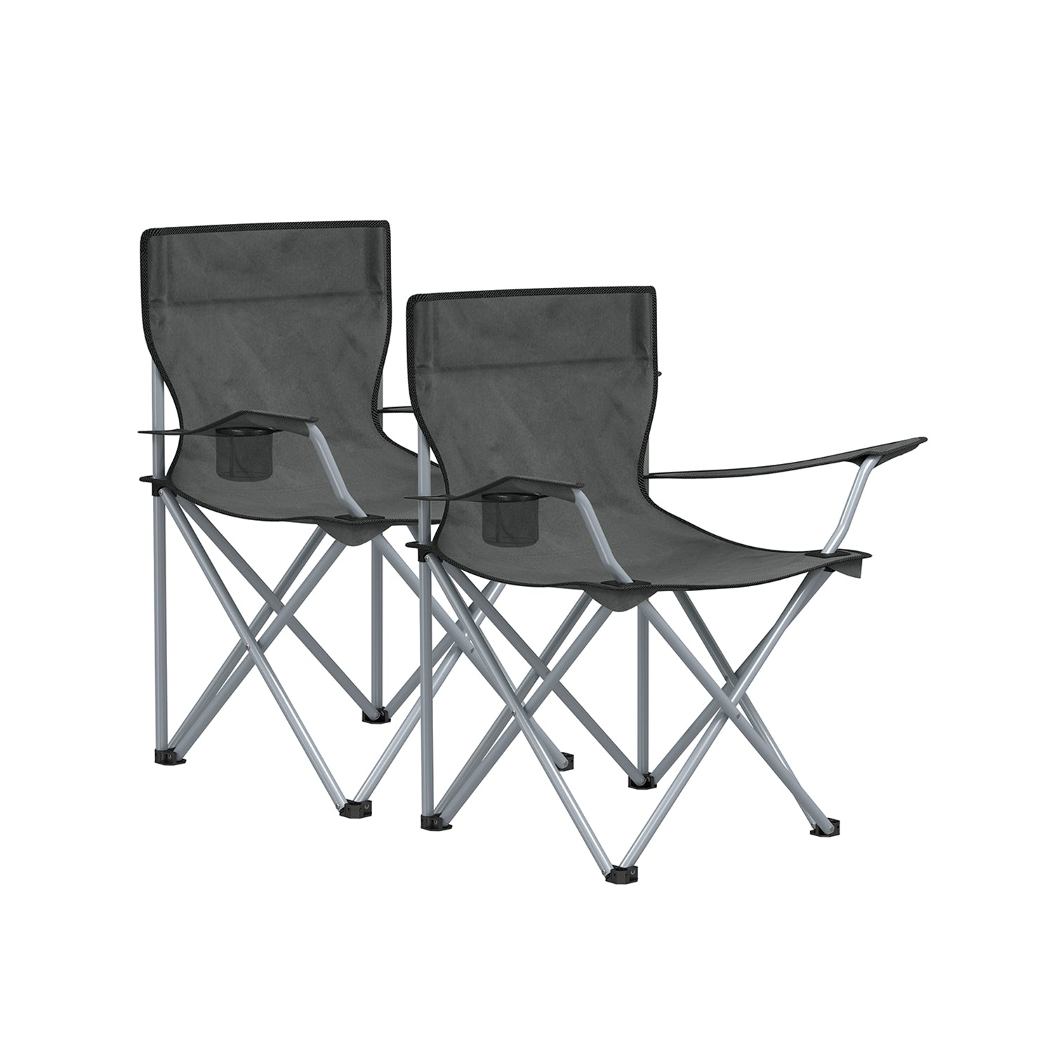 Set of 2 Folding Camping Chairs – Steel – Slate Grey – with Armrests and Cup Holder, Max Capacity 120 kg