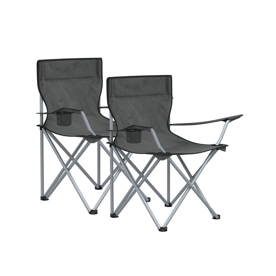 Set of 2 Folding Camping Chairs – Steel – Slate Grey – with Armrests and Cup Holder, Max Capacity 120 kg