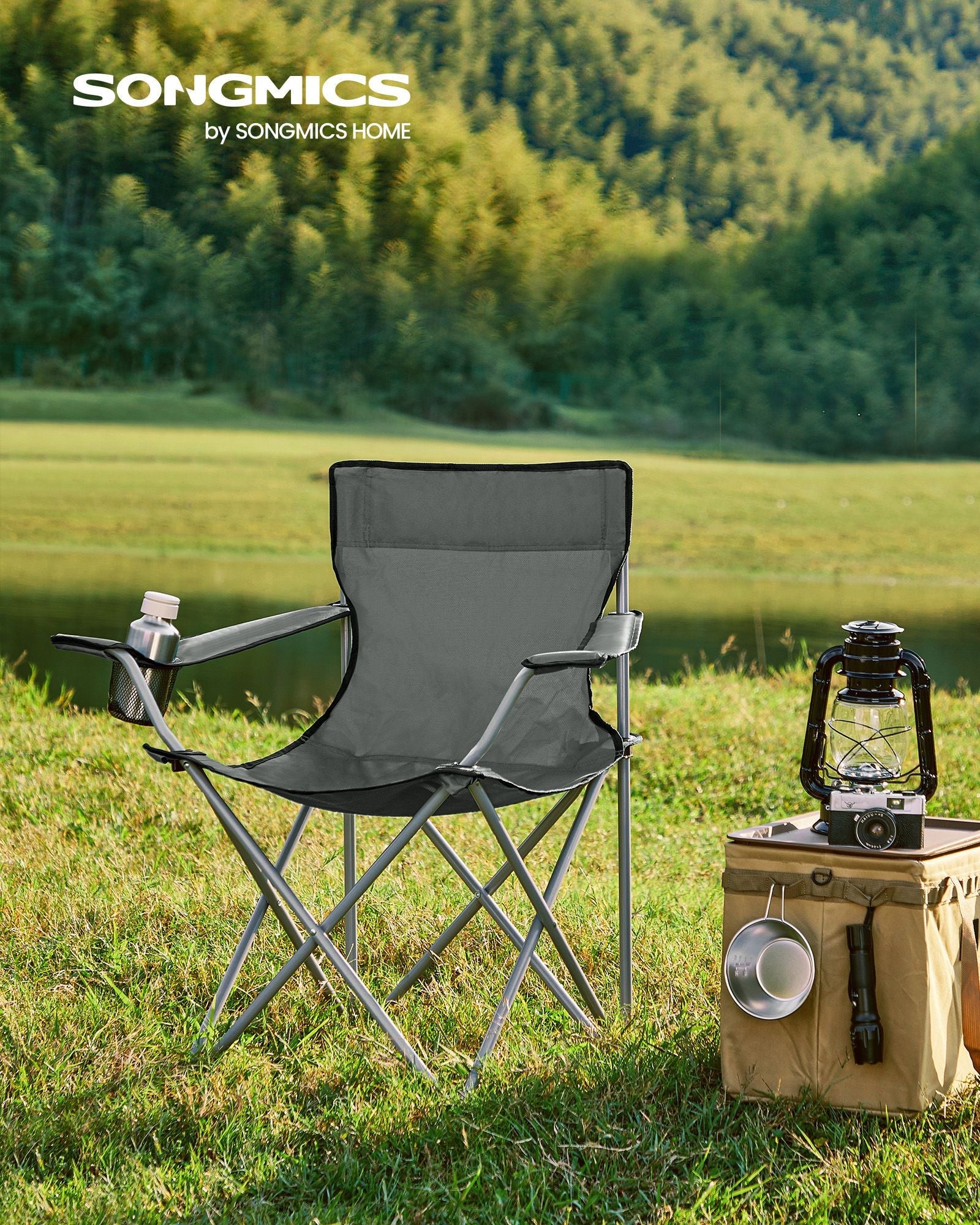 Set of 2 Folding Camping Chairs – Steel – Slate Grey – with Armrests and Cup Holder, Max Capacity 120 kg