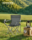 Set of 2 Folding Camping Chairs – Steel – Slate Grey – with Armrests and Cup Holder, Max Capacity 120 kg