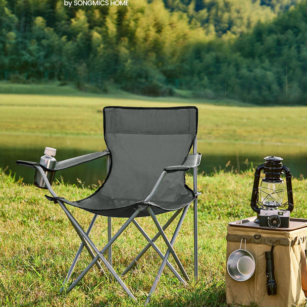 Set of 2 Folding Camping Chairs – Steel – Slate Grey – with Armrests and Cup Holder, Max Capacity 120 kg