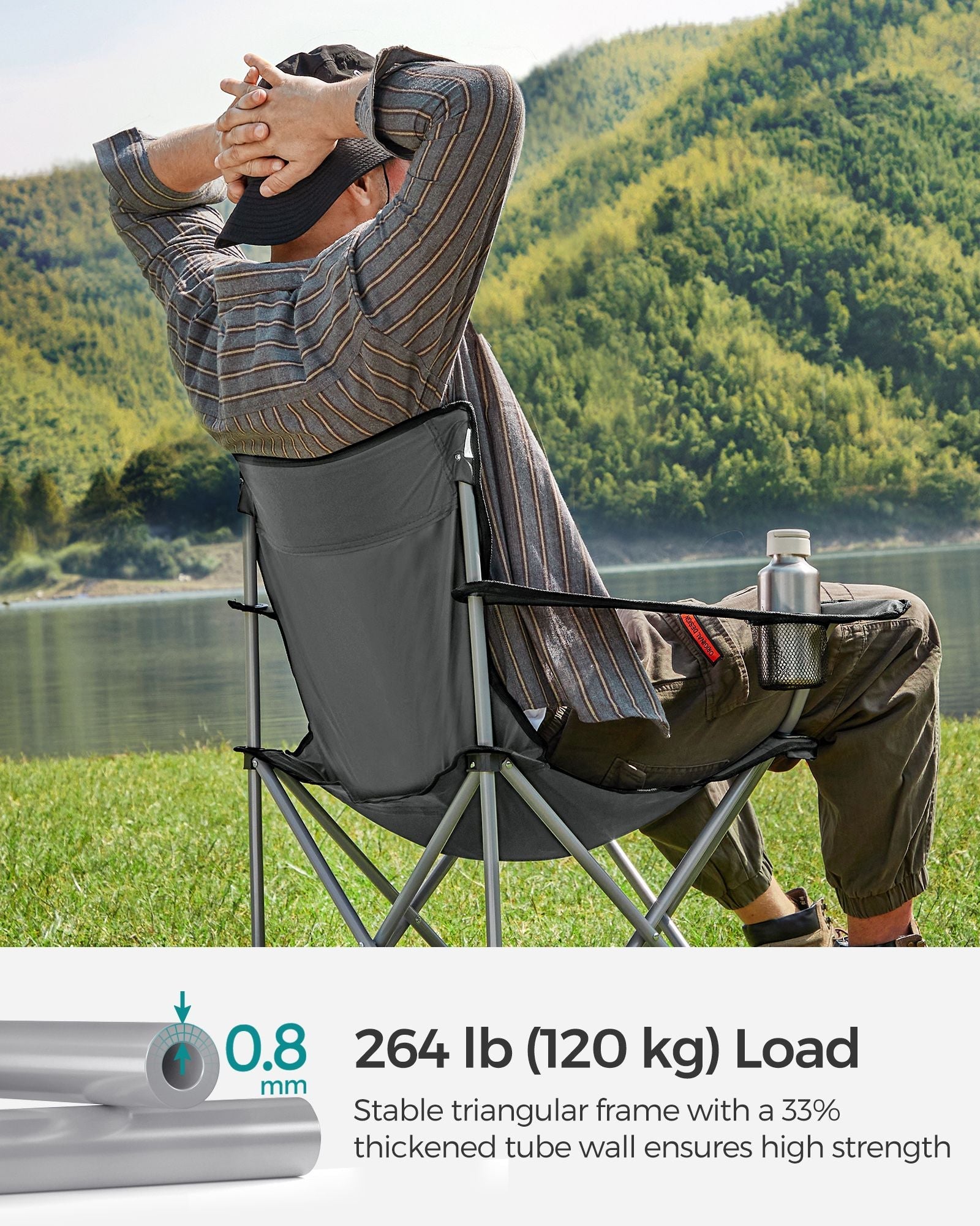 Set of 2 Folding Camping Chairs – Steel – Slate Grey – with Armrests and Cup Holder, Max Capacity 120 kg