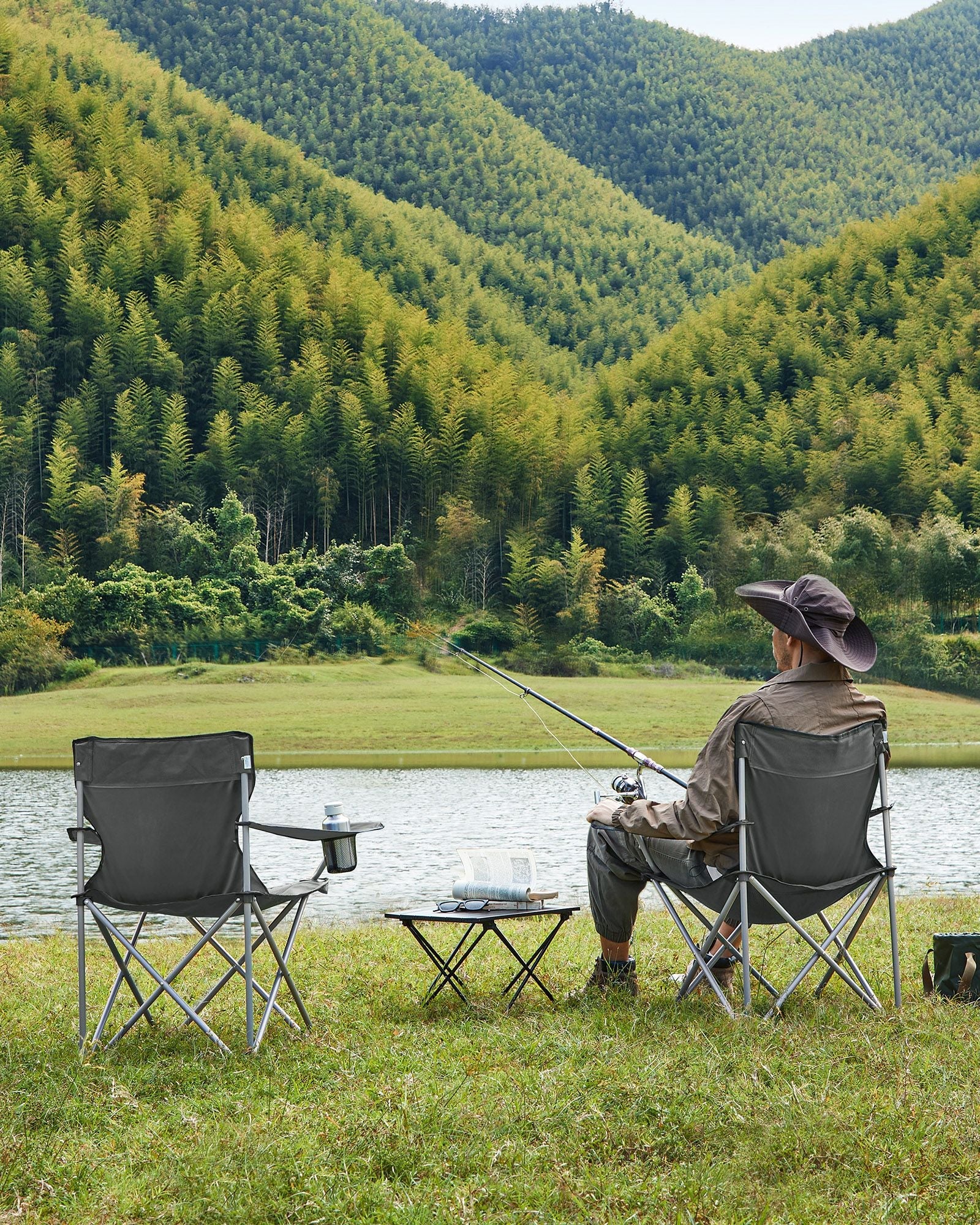 Set of 2 Folding Camping Chairs – Steel – Slate Grey – with Armrests and Cup Holder, Max Capacity 120 kg
