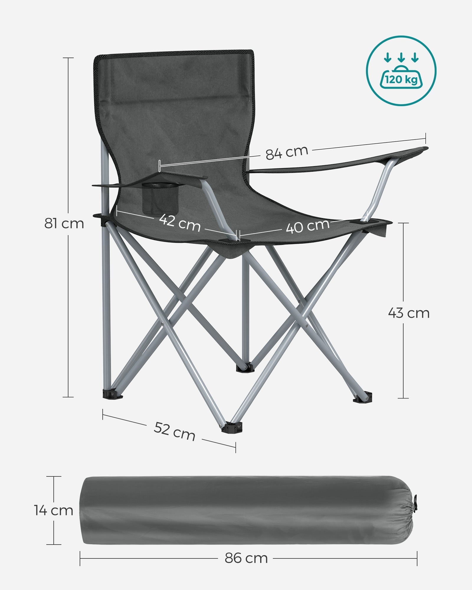 Set of 2 Folding Camping Chairs – Steel – Slate Grey – with Armrests and Cup Holder, Max Capacity 120 kg