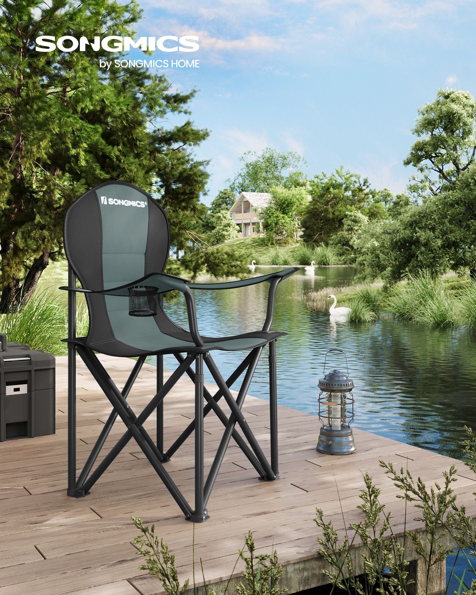 Folding Camping Chair – Fabric – Black and Green – Max Load Capacity 250 kg with Cup Holder