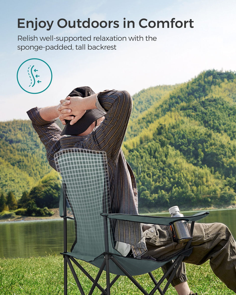 Folding Camping Chair – Fabric – Black and Green – Max Load Capacity 250 kg with Cup Holder
