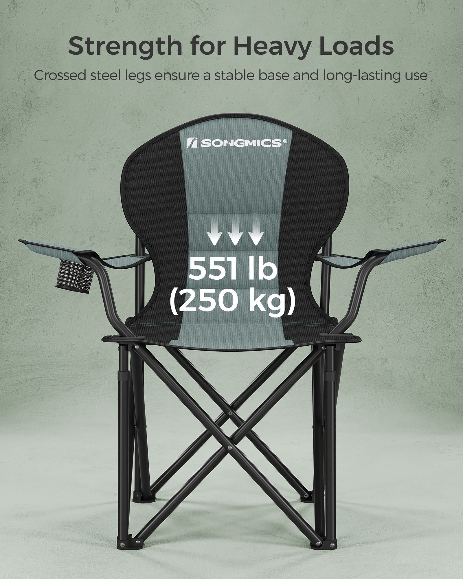 Folding Camping Chair – Fabric – Black and Green – Max Load Capacity 250 kg with Cup Holder