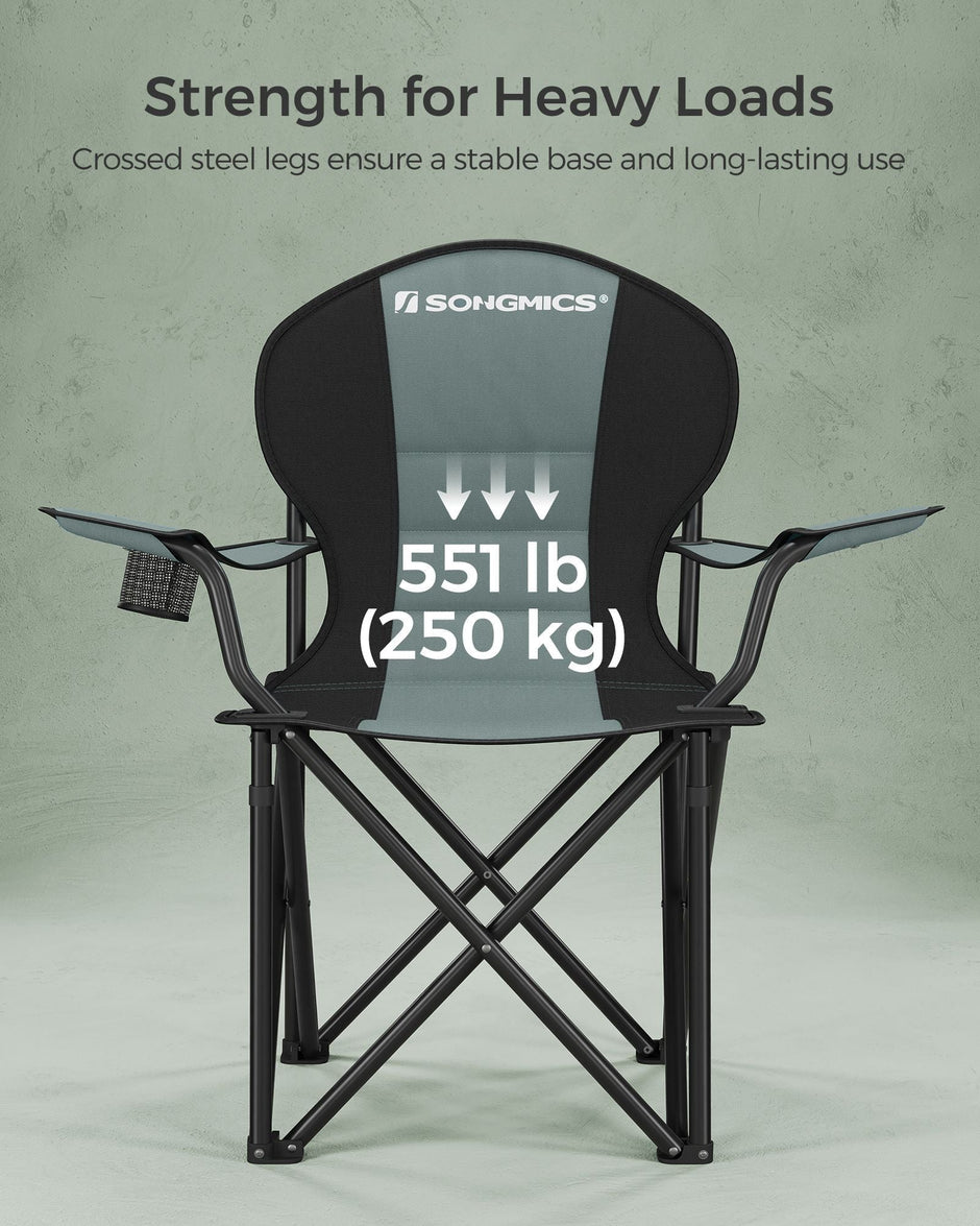 Folding Camping Chair – Fabric – Black and Green – Max Load Capacity 250 kg with Cup Holder
