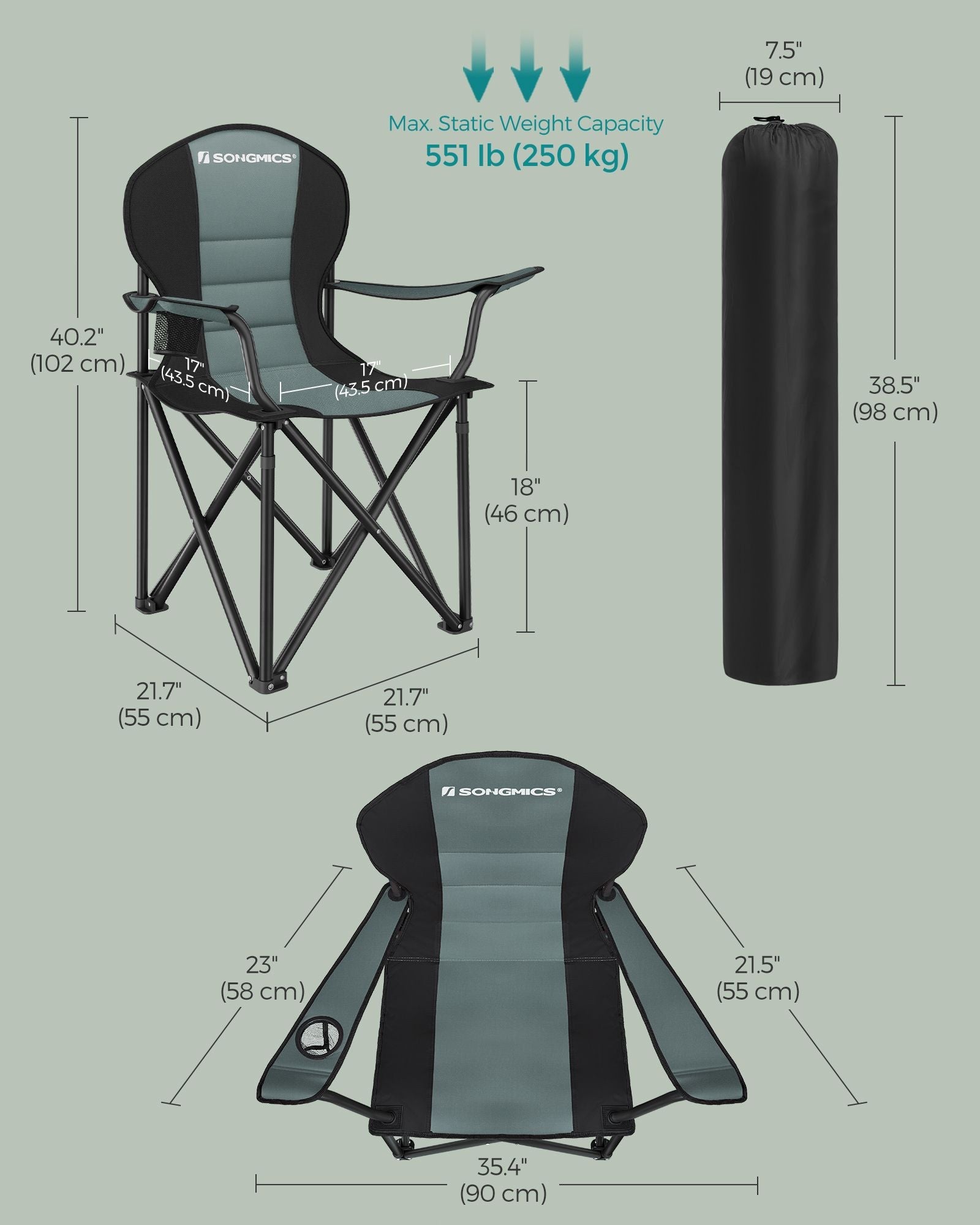 Folding Camping Chair – Fabric – Black and Green – Max Load Capacity 250 kg with Cup Holder