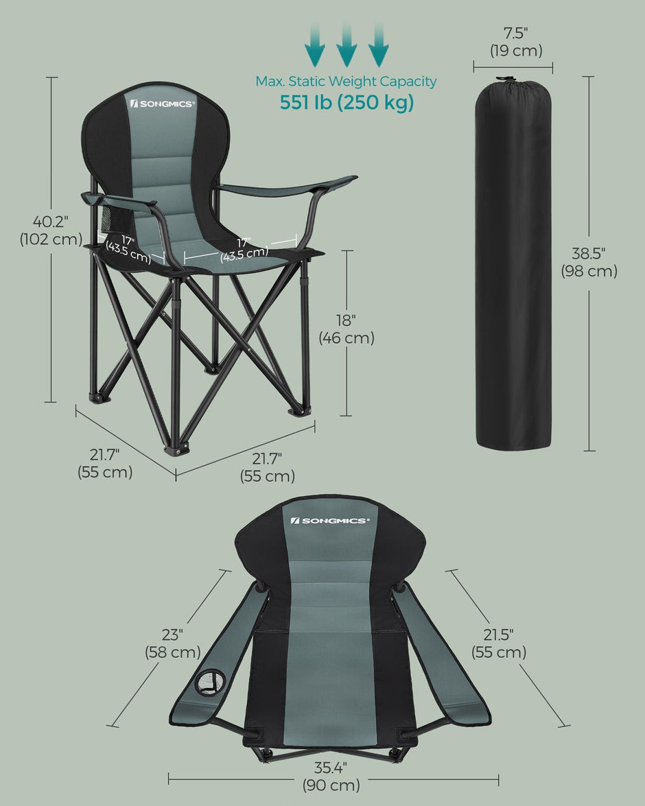 Folding Camping Chair – Fabric – Black and Green – Max Load Capacity 250 kg with Cup Holder