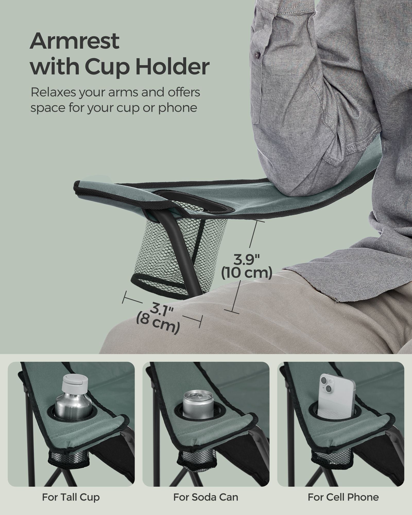 Folding Camping Chair – Fabric – Black and Green – Max Load Capacity 250 kg with Cup Holder