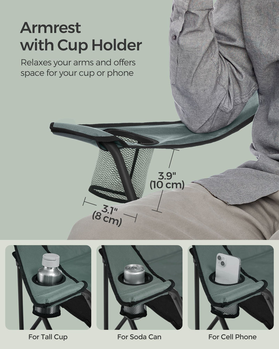 Folding Camping Chair – Fabric – Black and Green – Max Load Capacity 250 kg with Cup Holder