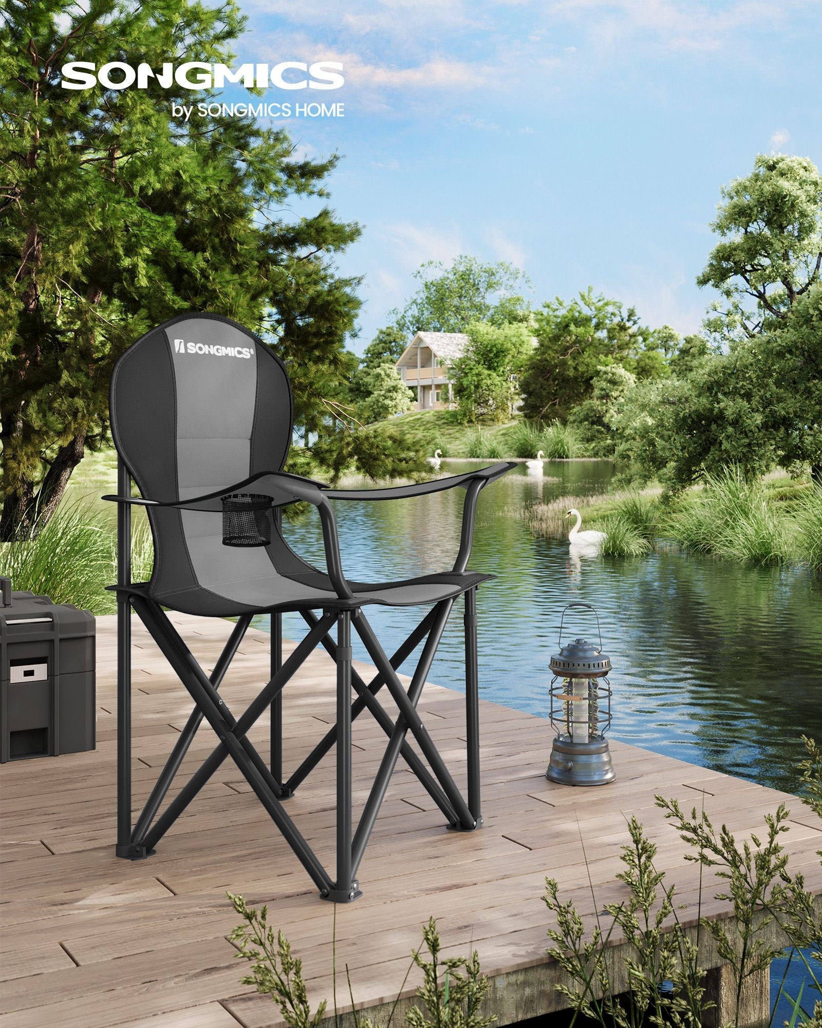 Foldable Camping Chair – Fabric – Black and Grey – Max. Load Capacity 250 kg with Cup Holder