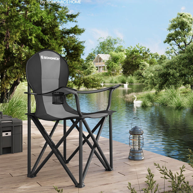 Foldable Camping Chair – Fabric – Black and Grey – Max. Load Capacity 250 kg with Cup Holder