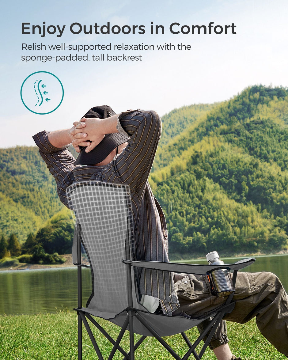Foldable Camping Chair – Fabric – Black and Grey – Max. Load Capacity 250 kg with Cup Holder