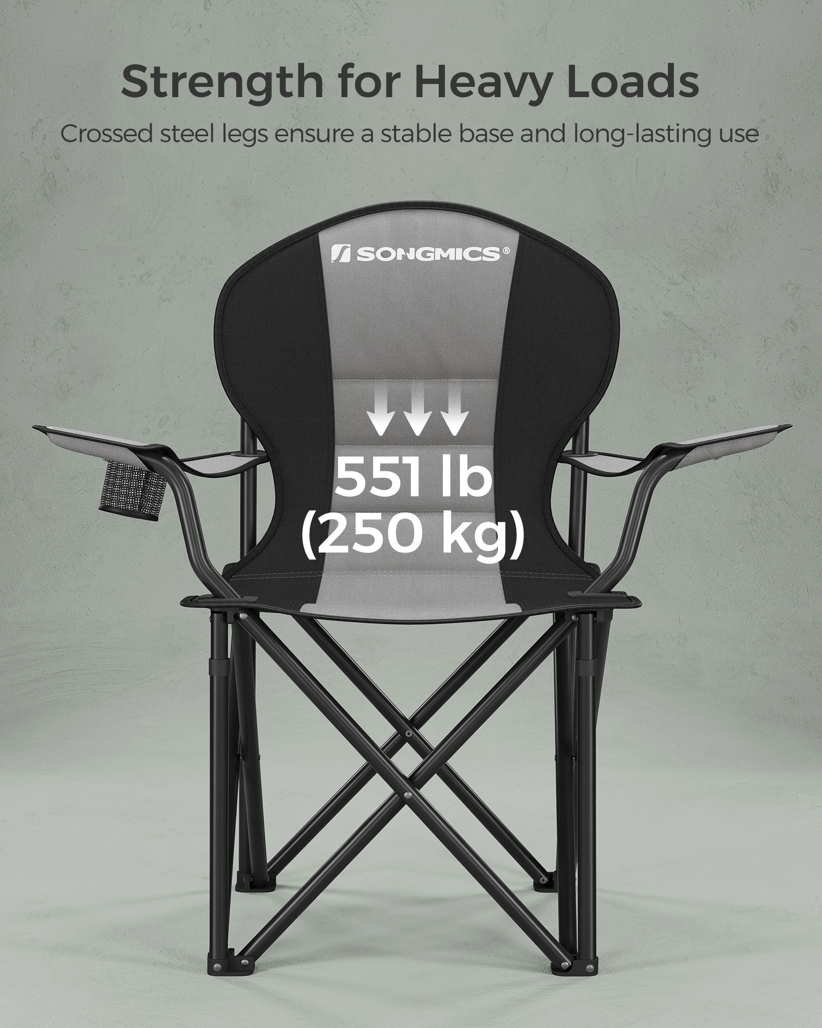 Foldable Camping Chair – Fabric – Black and Grey – Max. Load Capacity 250 kg with Cup Holder