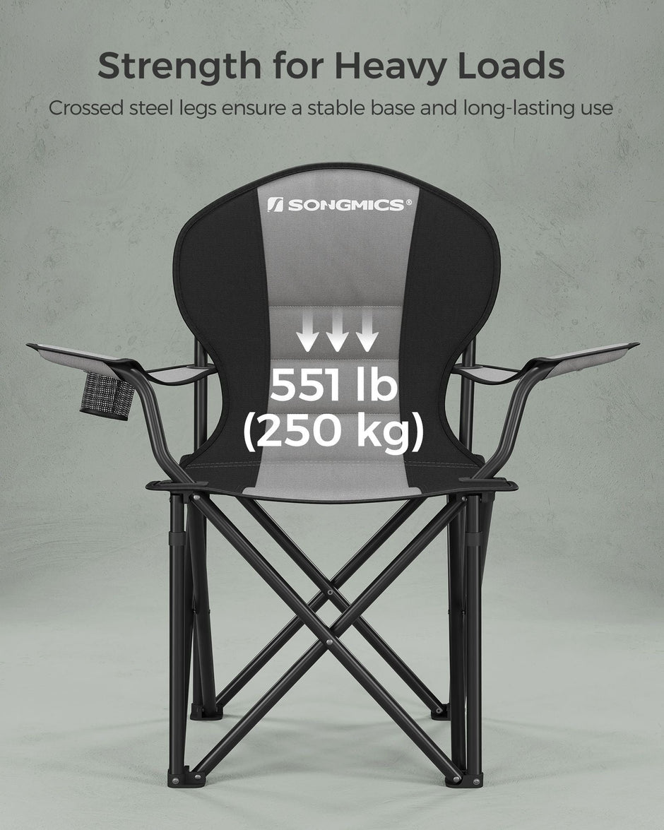 Foldable Camping Chair – Fabric – Black and Grey – Max. Load Capacity 250 kg with Cup Holder