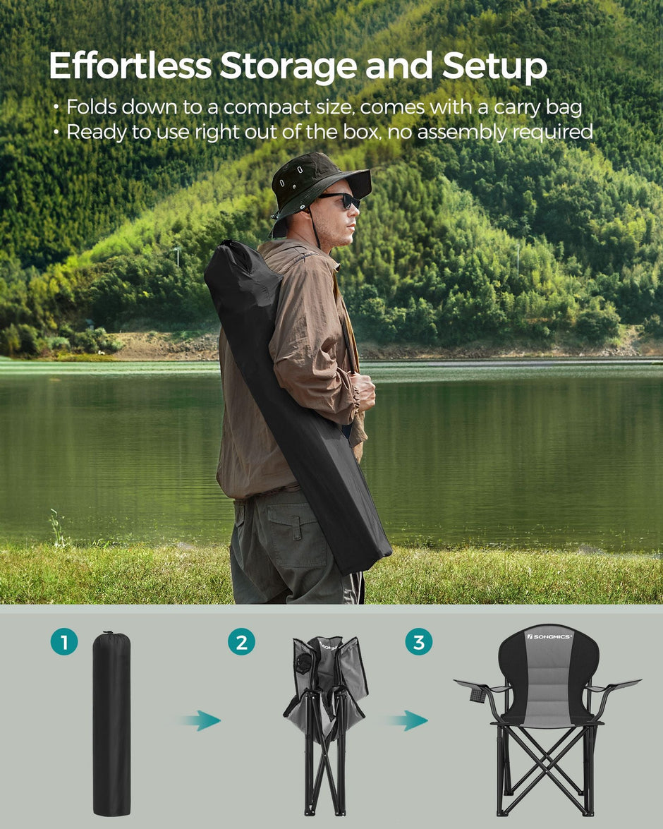 Foldable Camping Chair – Fabric – Black and Grey – Max. Load Capacity 250 kg with Cup Holder