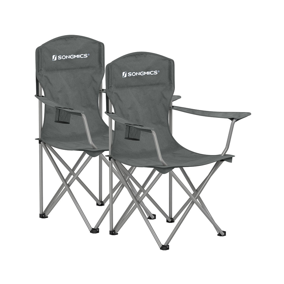 Set of 2 Heavy Duty Folding Camping Chairs – Fabric – Slate Grey – Comfortable with Cup Holder, Max. Capacity 150 kg