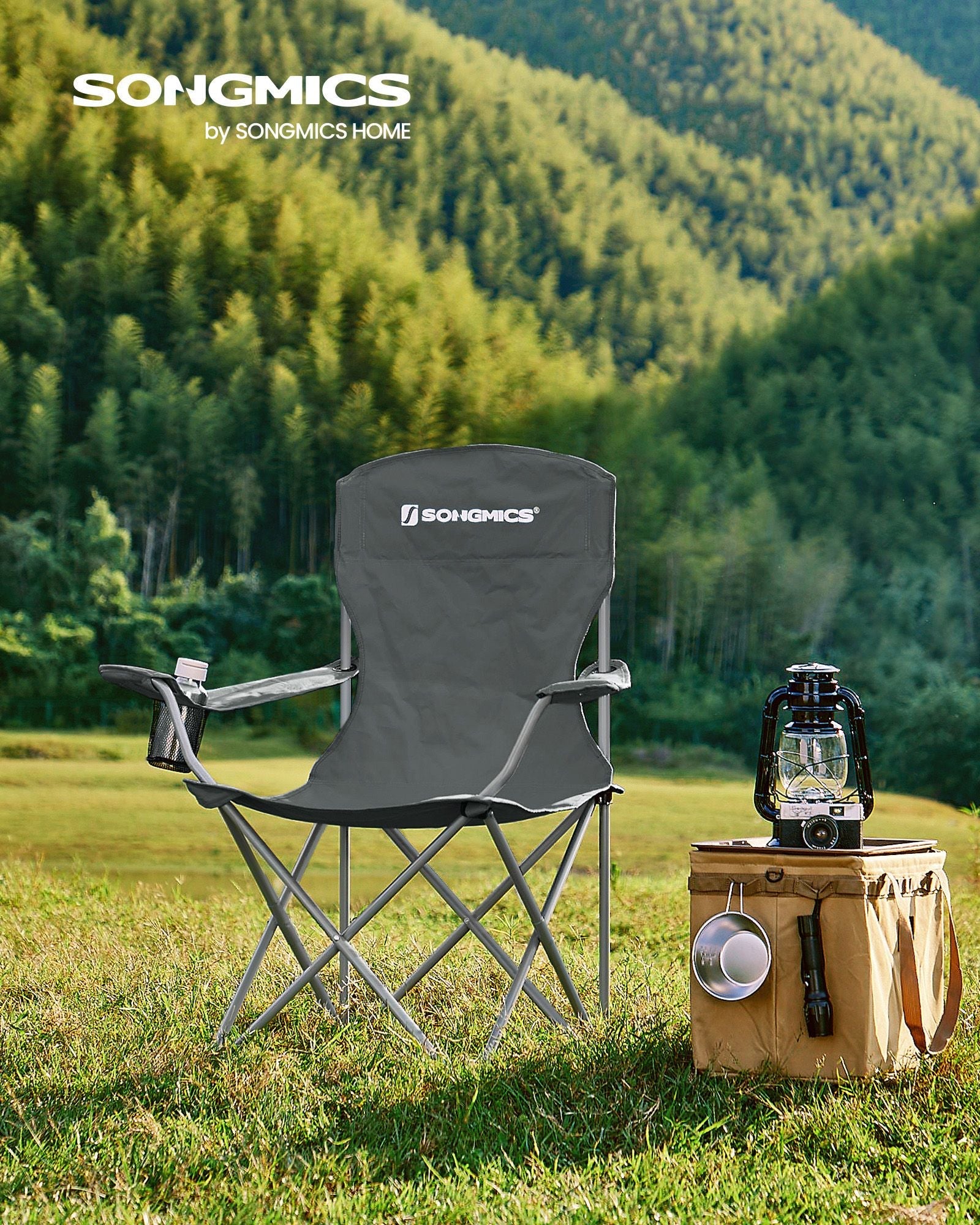 Set of 2 Heavy Duty Folding Camping Chairs – Fabric – Slate Grey – Comfortable with Cup Holder, Max. Capacity 150 kg