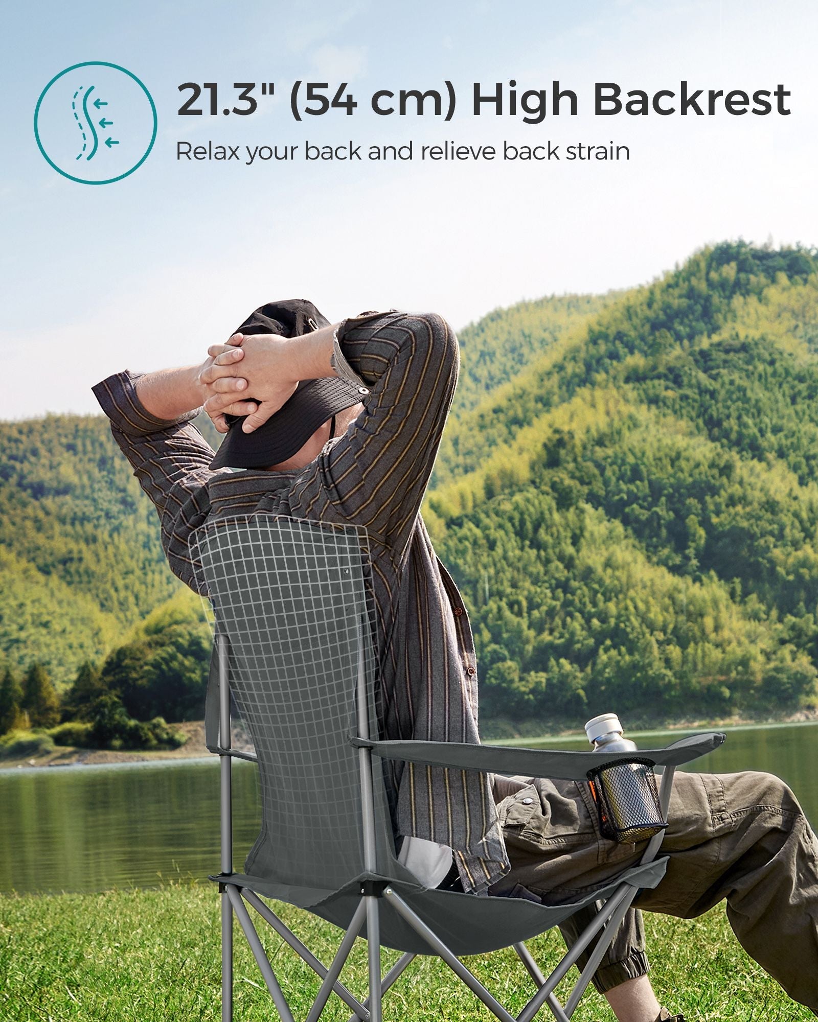 Set of 2 Heavy Duty Folding Camping Chairs – Fabric – Slate Grey – Comfortable with Cup Holder, Max. Capacity 150 kg
