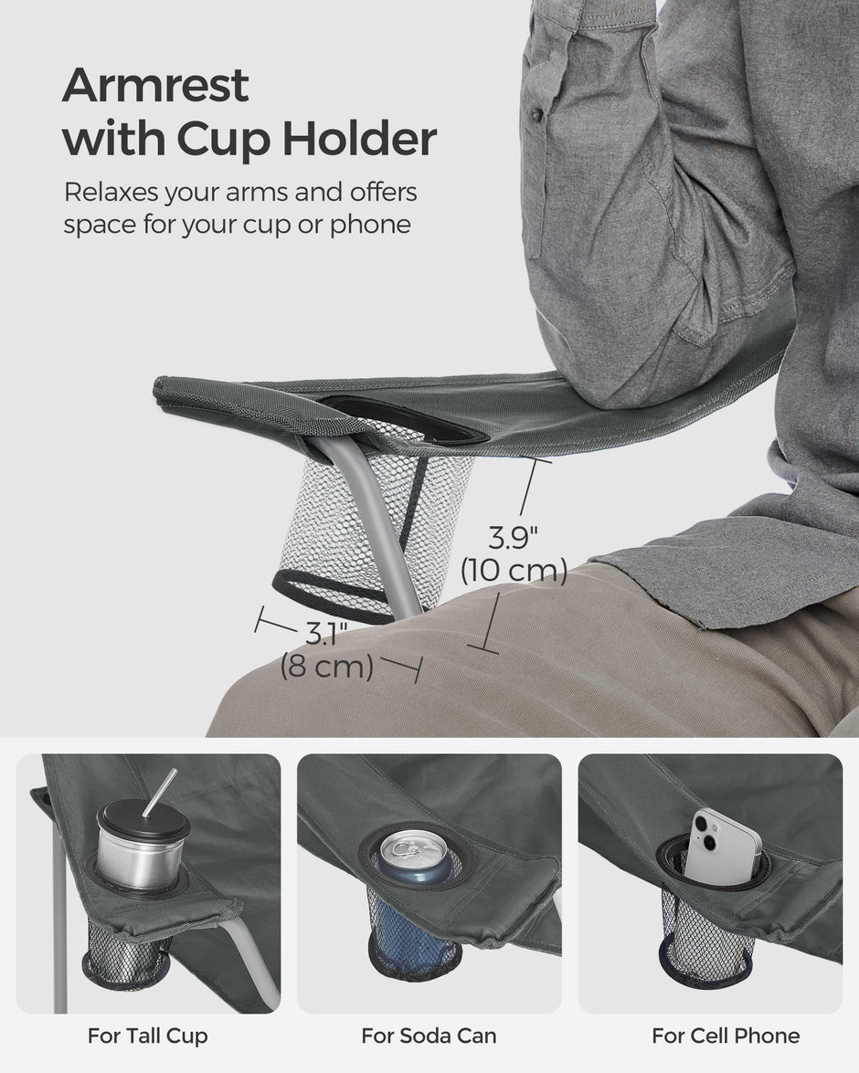 Set of 2 Heavy Duty Folding Camping Chairs – Fabric – Slate Grey – Comfortable with Cup Holder, Max. Capacity 150 kg