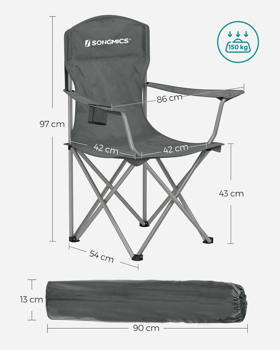 Set of 2 Heavy Duty Folding Camping Chairs – Fabric – Slate Grey – Comfortable with Cup Holder, Max. Capacity 150 kg
