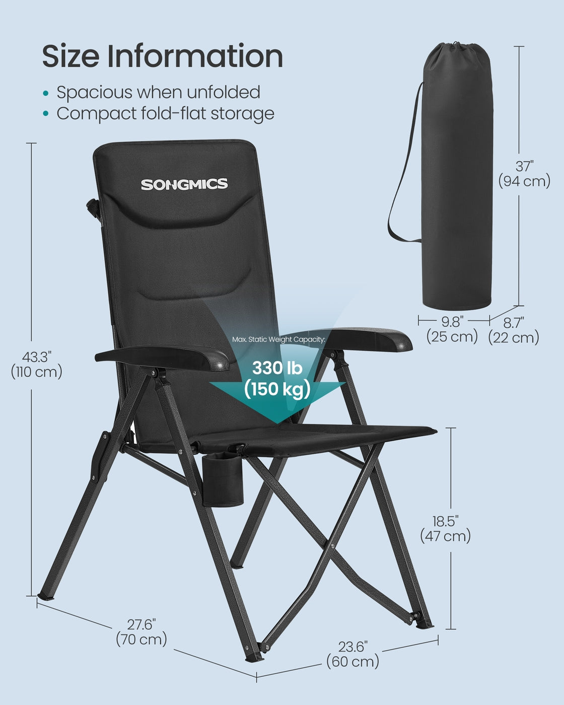 Reclining Camping Chair - 30L - Foam, Plastic, Steel - Padded Seat - Adjustable High Back