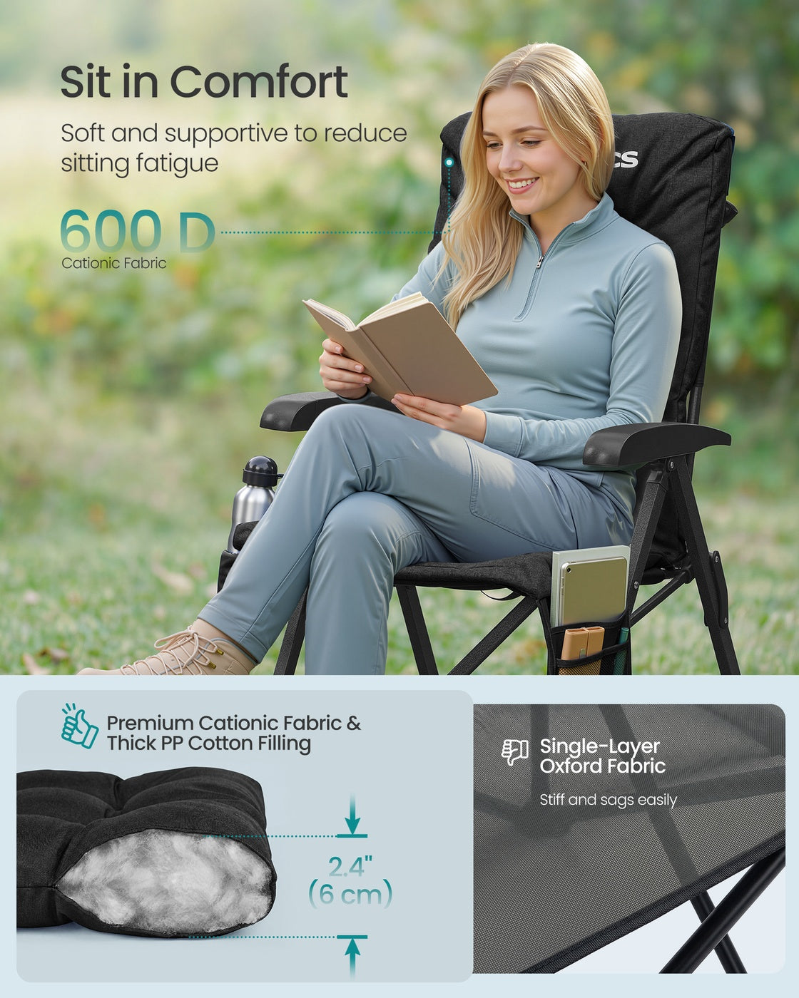 Reclining Camping Chair - 27.6L - Foam, Steel - Padded Seat - Adjustable High Back