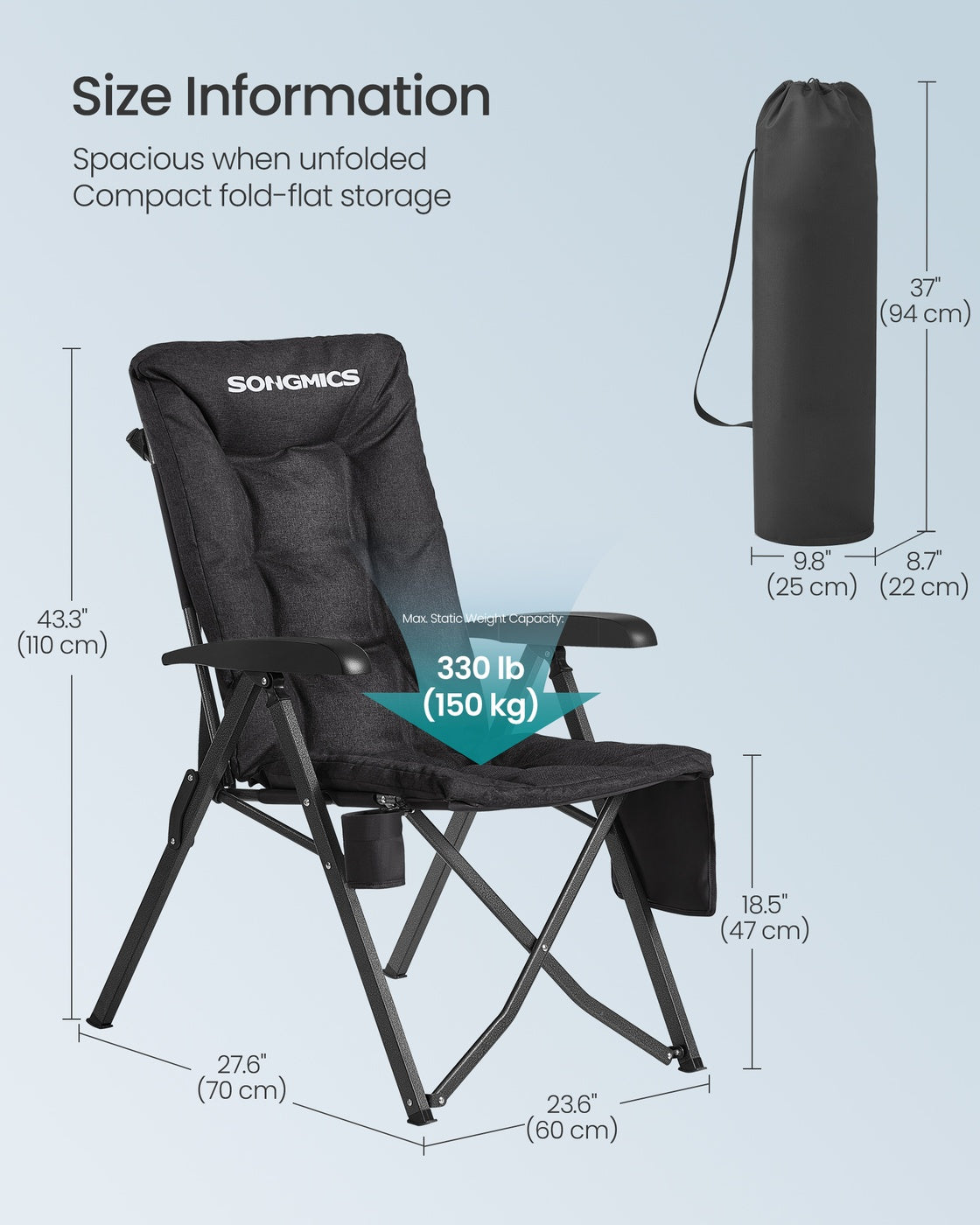 Reclining Camping Chair - 27.6L - Foam, Steel - Padded Seat - Adjustable High Back
