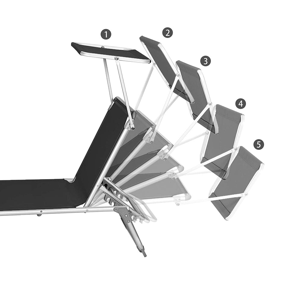 Foldable Sun Lounger Chair – Fabric – Black – Includes Sunshade