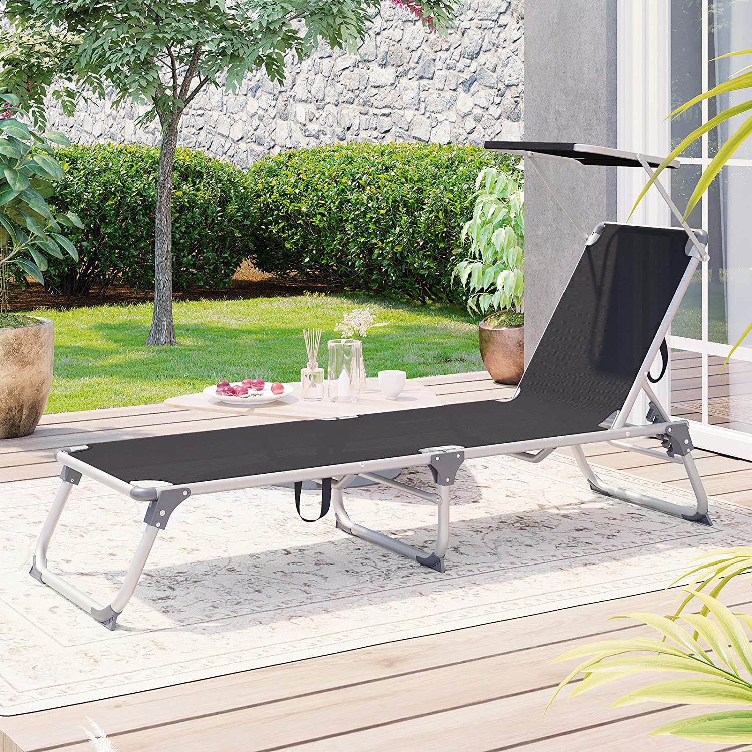 Foldable Sun Lounger Chair – Fabric – Black – Includes Sunshade