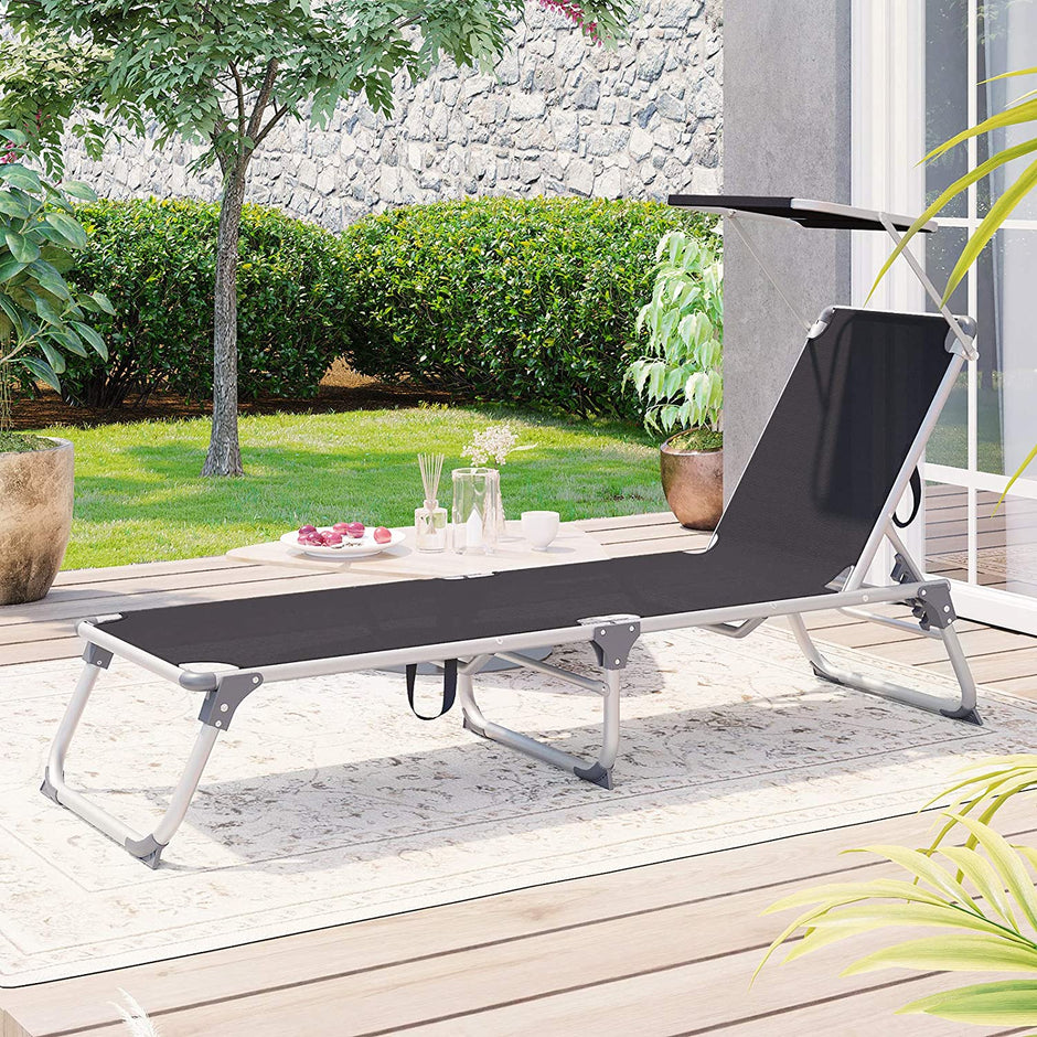Foldable Sun Lounger Chair – Fabric – Black – Includes Sunshade