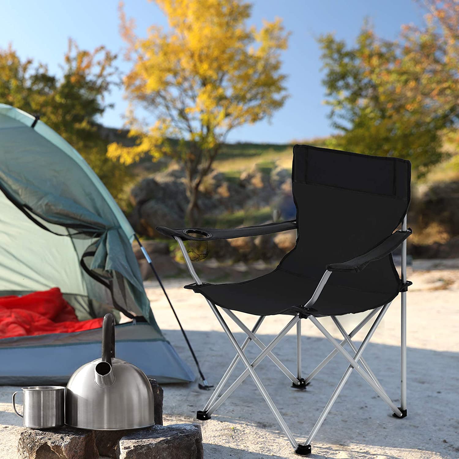 Set of 2 Folding Camping Chairs – Fabric – Dark Blue – Portable with Armrests and Cup Holder