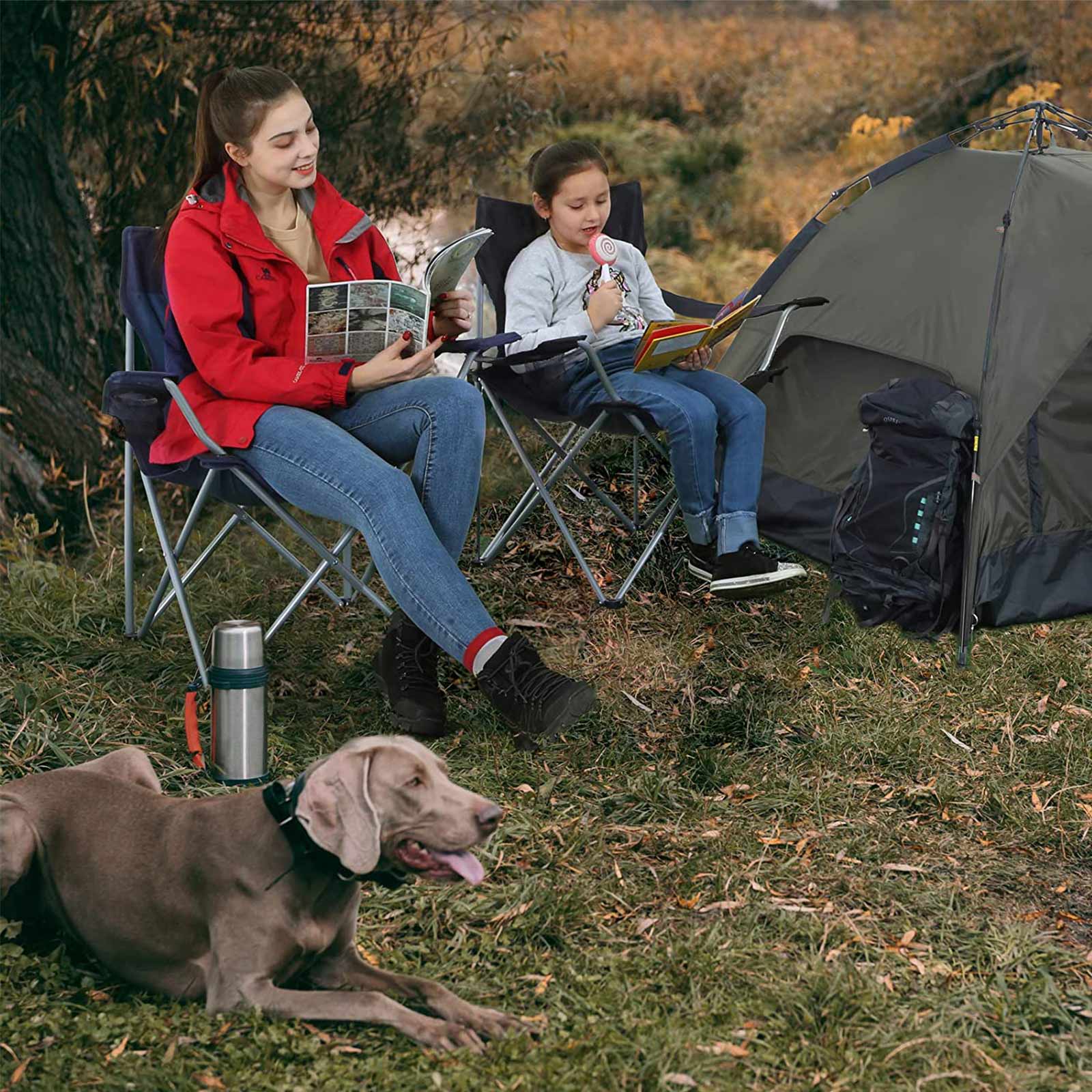 Set of 2 Folding Camping Chairs – Fabric – Dark Blue – Portable with Armrests and Cup Holder