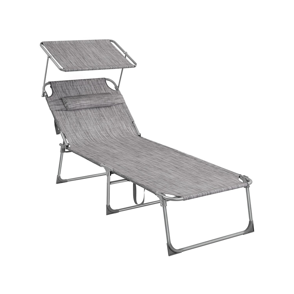 Folding Sun Lounger – Greige – Large Reclining Design with Adjustable Backrest and Sunshade